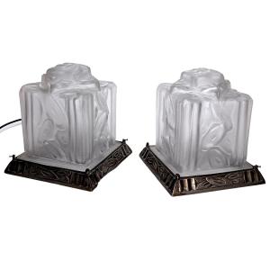 Degué France Pair Of Large Desk Lamps In Molded Glass Bronze Base 1930