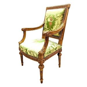 Armchair In Golden Wood XIX Louis XVI Style Reupholstered With A Fabric From Chez Rubelli