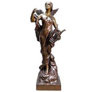 "inspiration" Large Bronze Of Young Winged Woman By Pierre Etienne Daniel Campagne.