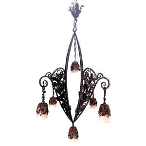 1930s Art Deco Wrought Iron Chandelier With Colorful Tulips Very High Quality Wrought Iron,