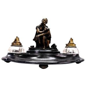  Rare Encrier En Bronze Et Marbre Noir  Avec Système De Sonnette Intégrée XIXème