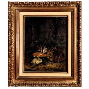 Oil On Canvas With Small Rabbits, XIXth Century By Brunel De Neuville