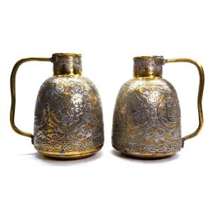 Paire De Cruches En Dinanderie De Cuivre Et d' Argent Travail Oriental d'époque 1880/1900 