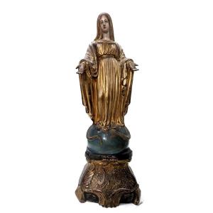 Sculpture De La Vierge En Terre Cuite XIXème Dorée à l'Or