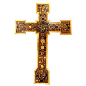 Large Trompe l'Oeil Painted Cross With Hard Stone Decor