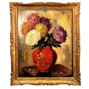 Oil On Canvas With Chrysanthemums By F Maury