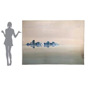 Large Abstract Canvas Representing A Cubist Skyline In Shades Of Blue