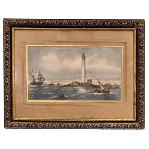 Watercolor By émile Henry Sailboats Near A Lighthouse (probably Phare De Planier)