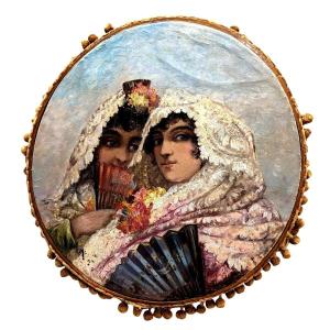 Tambourine With Elegant Spanish Women, 19th Century