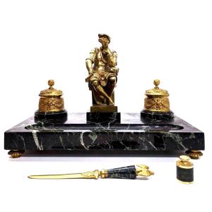 Large Inkwell Decorated By Laurent De Medici By Michelangelo Gilt Bronze And Green Marble