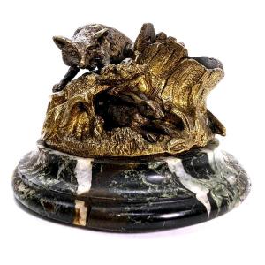 Bronze Animalier Double Patine Lapin Et Renard Pyrogène époque XIXème  