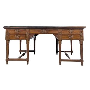 Large Flat Desk With Empire Style Pulls In Solid Mahogany And Mahogany Veneer