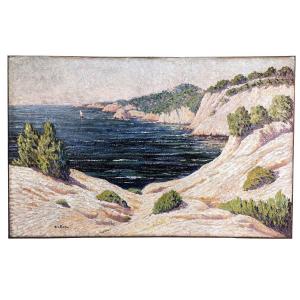 Large Oil On Marine Canvas 1900 Pointillist Signed Grallan