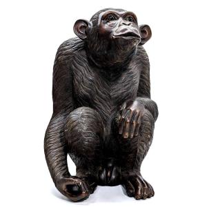 Sculpture En Bois Chimpanzé Yeux Sulfures   