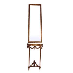 Louis XVI Style Golden Wood Console With Mirror 1900  