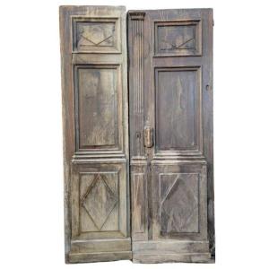 Pair Of Carved Wood Doors With Moulded Panels, Antique Ironwork - France, Period