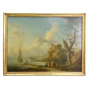 Huile sur toile XVIIIème Vue de port avec personnages turcs