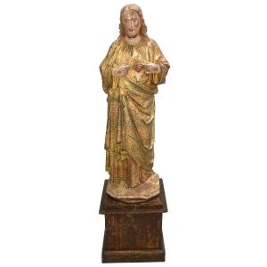 Statue en fonte du Christ (sacré cœur) polychrome XIXème