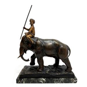 Éléphant et son cornac bronze époque1900 par Varnier