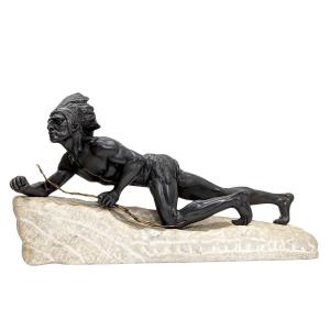 l'Indien à l'Affût, Statue 1900 On Natural Terrace