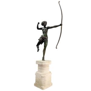 Archère Diane Chasseresse bronze Art déco socle pierre de rogne