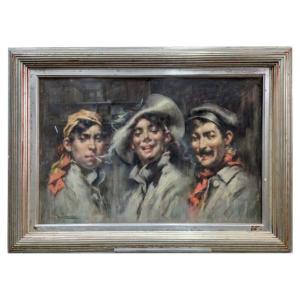 Andrès Gimeno Trois jeunes hommes rieurs Pastel 1900