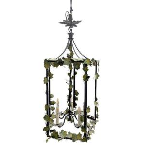 Hanging Lantern In Patinated Wrought Iron Decorated With Vine Foliage - Italian Or French Work