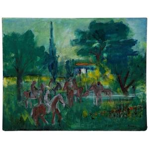 Huile sur isorelle Scène cavalière par Rudolf Kundera