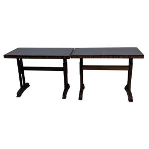 Paire de tables de bistrot art déco 1930 en marqueterie et opaline noire