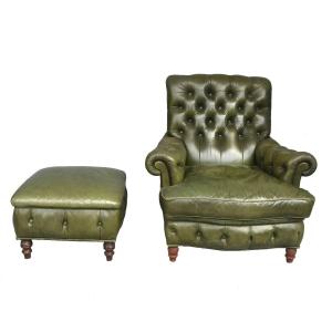 Olive Chesterfield Leather Armchair With Footstool