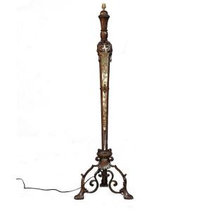 Lampadaire 1940 en fer forgé et miroir églomisé