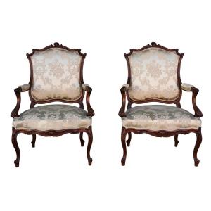 Louis XV Style Armchairs In Walnut Upholstered In Silk (pair)