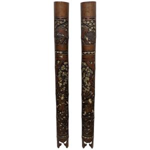 Pair Of Bamboos Inlaid With Mother-of-pearl And Partially Lacquered Japan Meiji Period
