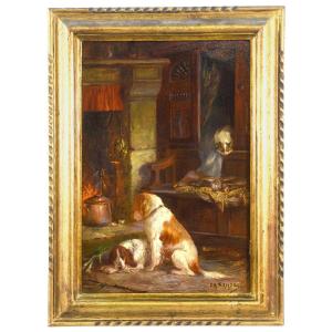 huile sur panneau par E M Samson Scène canine