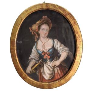 Portrait de jeune femme pastel sous verre époque XIXème