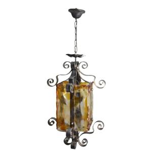 Outdoor Wrought Iron Lantern With Coloured Glass Face