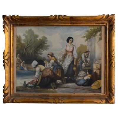 Jeunes Lavandières Delacroix Very Animated Scene Of Dimension 35 Cm By 28 Cm