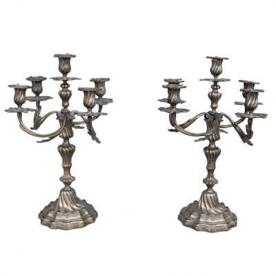 Pair Of Candlestick Silver Metal Louis XV Style 6 Lights