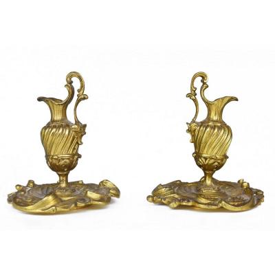 Pair Of Small Ewers Gilt Bronze Decorative Late Nineteenth