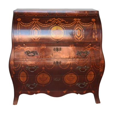 Commode Bureau Marqueté Style Anglais époque XIXème Au Guirlandes