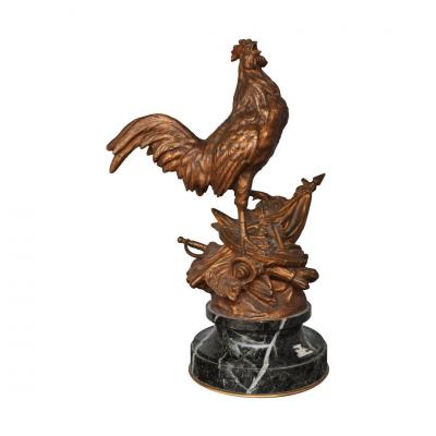 The French Cock Edouard Drouot Bronze Patina Golden Base Marble Green