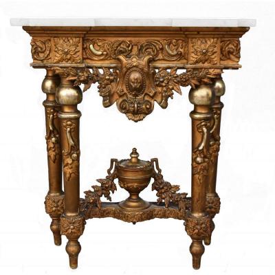 Console Wood And Stucco Golden Top Marble Late Nineteenth Time