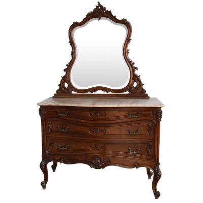 Commode Coiffeuse En Noyer De Style Louis XV Dessus Marbre Brèche Fin XIXème