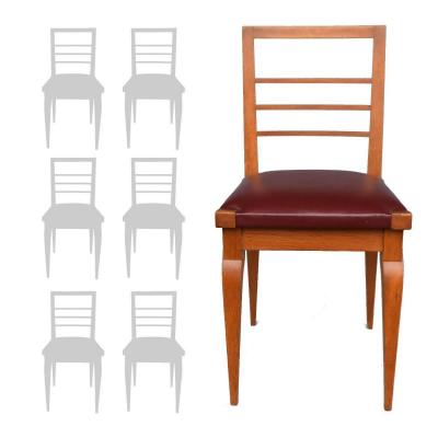 Series Of 6 Oak Chairs Leather Top 1930s By Auguste Vallin