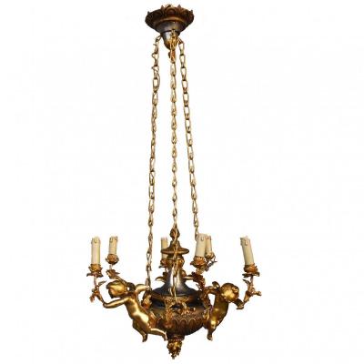 Lustre Aux Bébés Bronze Doré Napoléon III 