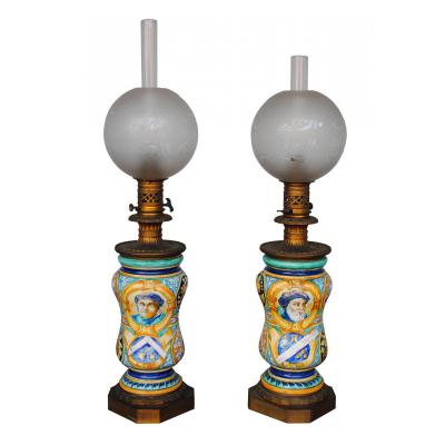 Pair Of Oil Lamps 1880 Italian Majolica