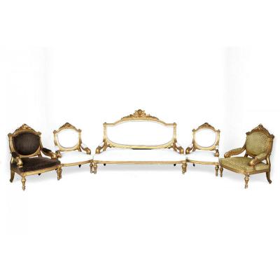 Salon En Bois Doré De Style Louis XVI d'époque Napoléon III Canapé Et 4 Fauteuils