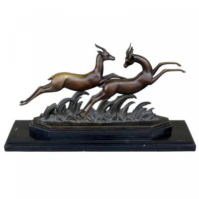 Bronze Black Marble Base Art Deco 1930 With Gazelles By Alliot
