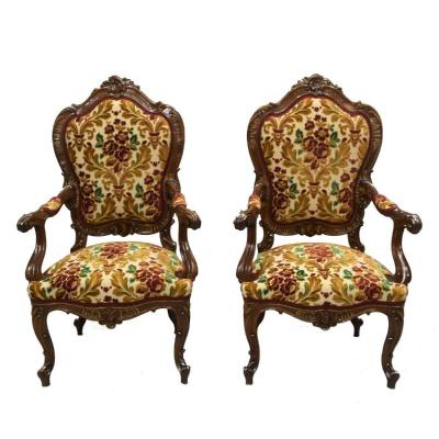 Paire De Fauteuil Noyer Sculptés Style Louis XV Fin XIXèmes