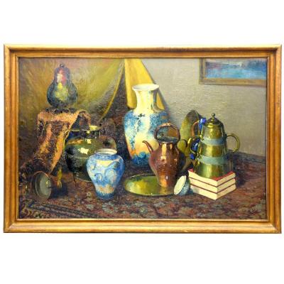 Grande Huile Sur Toile Nature Morte Signée A Collard 